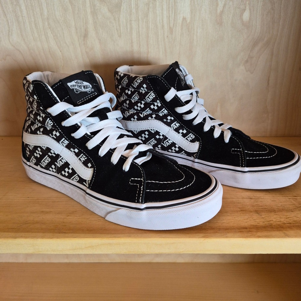 Vans Sk8-Hi Logo Checkerboard Black White Suede High Top Sneakers Womens